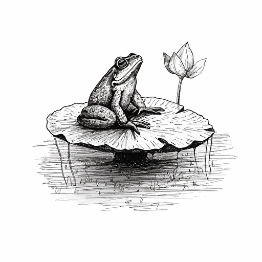 frog sitting on a lillypad, very simple design, vector drawing, black India ink on handmade cotton rag paper,