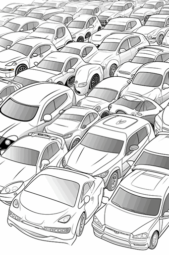 colouring book for kids, different cars separated by space, cartoon style, vector, little detail, no shadow, black and white, white background