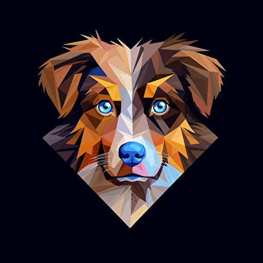 colorful origami tricolor Merle brown and grey Australian shepherd puppy dog with one blue eye and one brown eye, vector art, black background