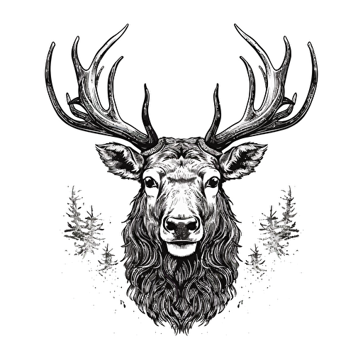 Elk with a beard, Black and white illustration, simple vector : : handdrawn style