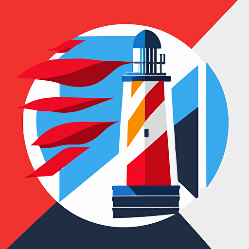 a flat vector style bauhaus logo of a paintbrush merged with a lighthouse and gulls, geometric, super simple, blue,white,red colors