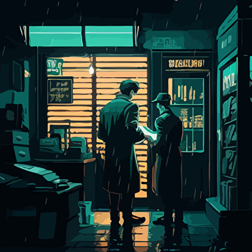 Inspired by the mysterious nature of Satoshi Nakamoto, create a vector illustration of a film noir-style detective office, with Satoshi discussing the future of cryptocurrencies with a private investigator. Set the scene on a rainy night.