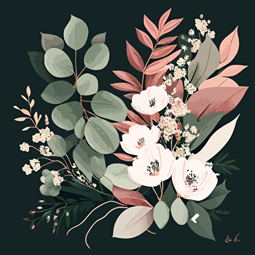 blush pink flowers, eucalyptus, white flowers, vector art