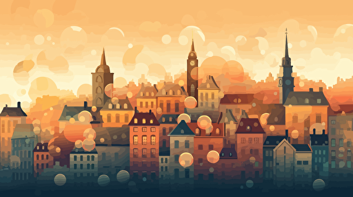 a European city with cryptocurrency tokens rising into the sky, vector, gradient, lower poly