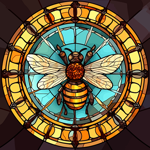 stained glass bees in a circluar window, hyper detailed, epic composition, vector design on the edges of the image