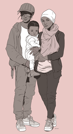vector illustration of shawn emmett's wife, tom's two kids ivy & k, in the style of textural sensations, gray and black, genderless, paparazzi-style, light white and dark brown, natural fibers, light pink and dark black
