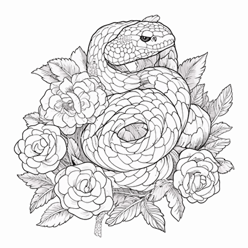 snake and peony flowers No Shadow. Cartoon. Coloring page. Vector. Simple.