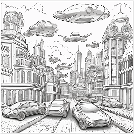 Futuristic City. Many Flying Cars. No Shading. Cartoon. Coloring page. Vector. Simple.