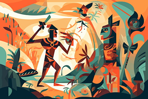 On a tropical island, the captain is celebrating the discovery of treasure on the beach, with hostile native people visible in the background, ready to attack him. This is an expressionist style of Picasso, minimalist shapes vector style and featuring bright colors.