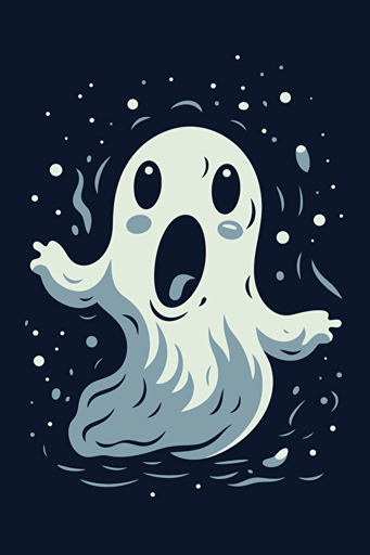 happy ghost, white on black background, cartoon style, flat vector