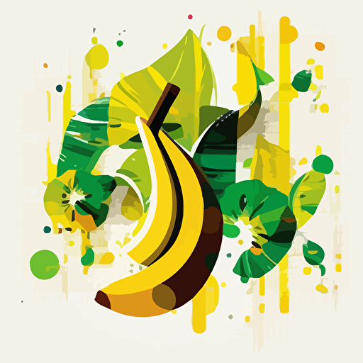 vector pop art, bananas, coconuts, musical notes, yellow and green colors, white background, fusion