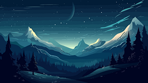 vector illustration of starry night sky landscape, blue tones, mountains