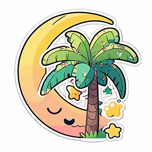 sticker, Happy Colorful palmetto tree beneath a small crescent moon, kawaii, contour, vector, white background
