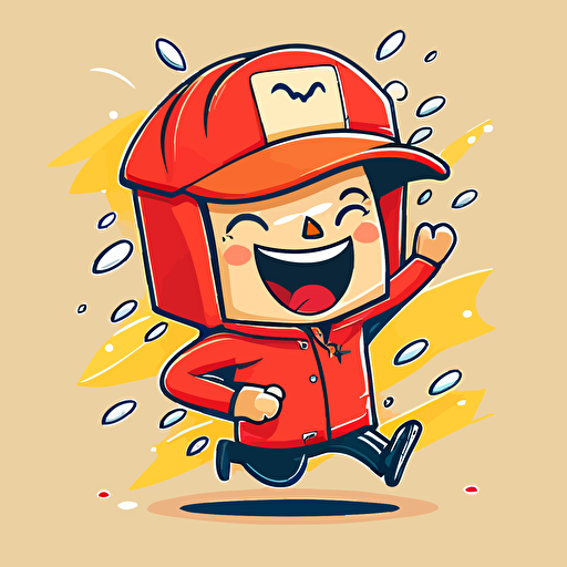 A strong bristish postman in a red post jacket powering through the rain with a smile on his face, cartoon, vector, cute