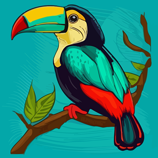 Toucan with turquoise-green plumage. Its beak is yellow. The beak ends in red. Illustration in a children's comic book.. Cartoon, vector, flat colours.::5