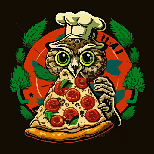 vector logo of owl smoking weed on 420 with pizza background for apparel