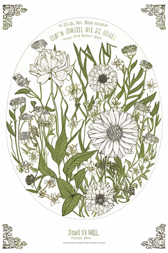 a lawn full of flowers with mandala-style pattern on white background, svg vector image with subtle pale colors, thick black outline