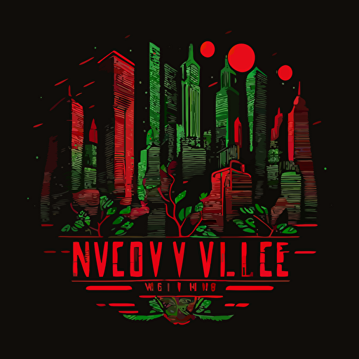 new york city skyline in a tribe called quest cover style, red and green on black background, vector illustrated, flat design