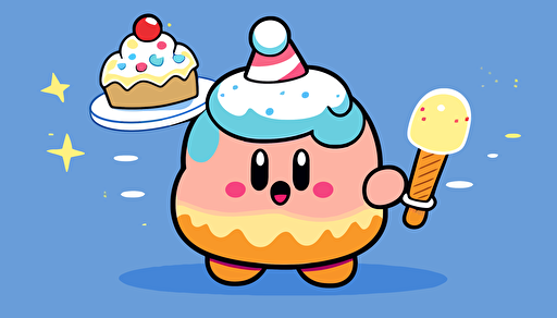kirby wearing a birthday hat, holding a birthday cake, vector art, flat backgound,