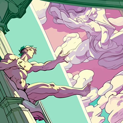 "The Creation of Adam" painting from Michelangelo, but in evangelion anime, style, pastel colors, vector, wide view