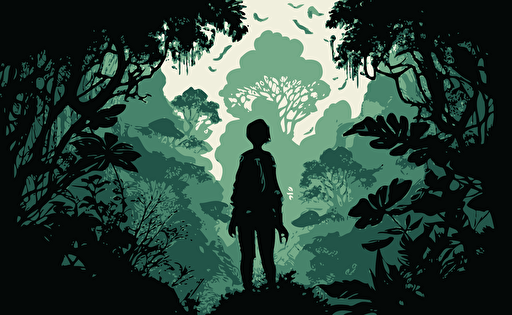 an intricate landscape wallpaper with a androgynous, more female presenting traveler's silhouette looking up at the surrounding towering, peaceful cloud forest in green moody vectorized style