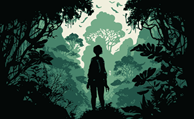 an intricate landscape wallpaper with a androgynous, more female presenting traveler's silhouette looking up at the surrounding towering, peaceful cloud forest in green moody vectorized style
