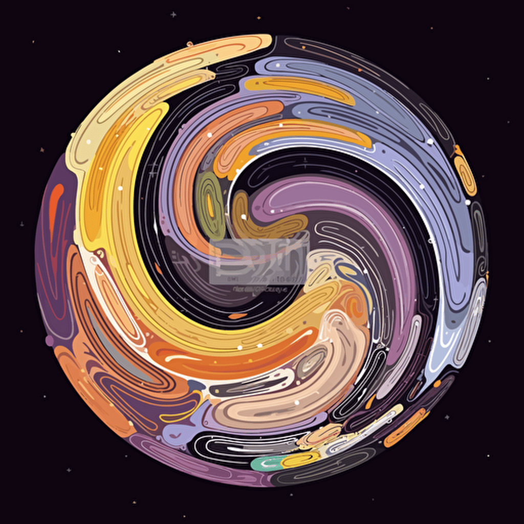 earth on black background, 2d vector, spirals, purple, yellow, white, orange and pastel colors