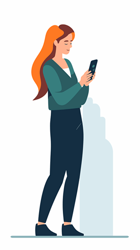 a women looking at mobile phone, holding mobile phone, at home, UI illustration, vector illustration, white background, simple, clean, bright, advanced color sense, mobile terminal