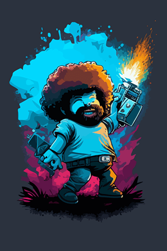 Bob Ross as a Mech with a giant paint brush shooting paint, vector art style, vibrant