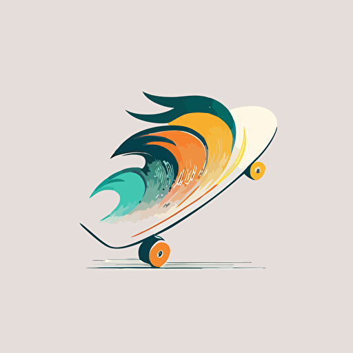 logo, minimalist, white background, vector style, a wave with a base and wheels of a skate board, retro, beach colors