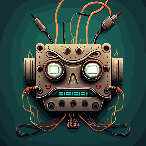 robot face with cables lights hi-tech vector cartoon