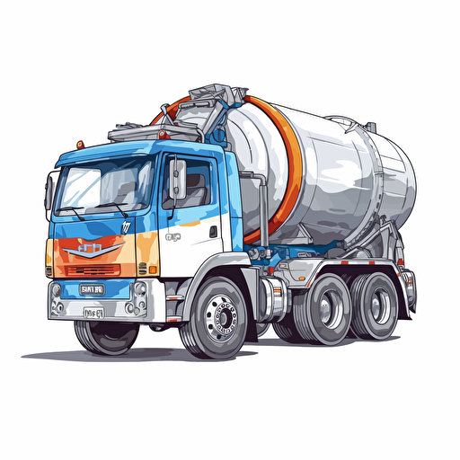 concrete mixer truck, high detailed, 2D vector style, cartoon, white background, side view