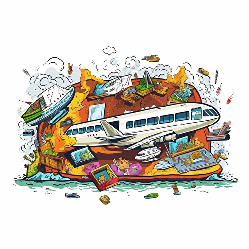 video thumbnail design , diorama in a frame of world map Catastrophe Aviation crash war Disaster Nature Crisis Accident Train crash Aviation crash diorama boat disasters cruise ship disaster illustration vector black background magic marker