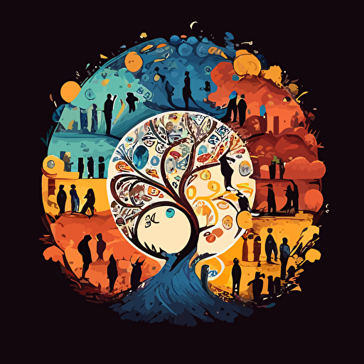iconic image of people living in harmony, vector, 2d, flat, symbolic, energy, emotive, “People First”