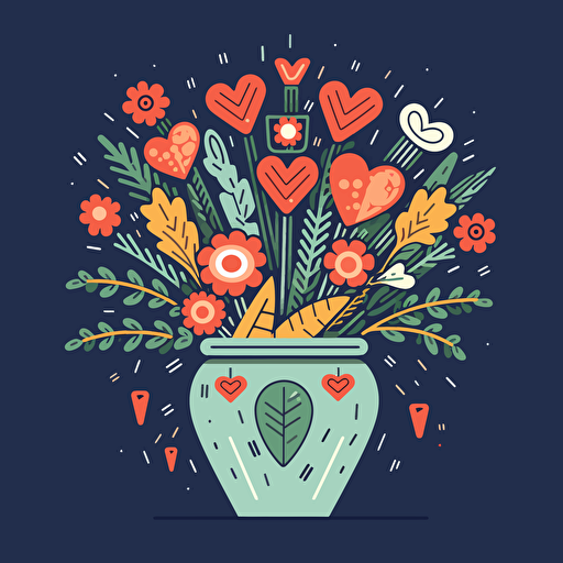 bouquet of Valentine's flowers with an arrows stuck the vase in a vector art cartoon style, flat color, solid background