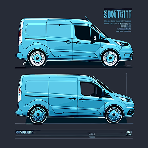 silhoette of ford transit connect, blue color, gray background, simple design, vector cartoon style, white outline over silhouette