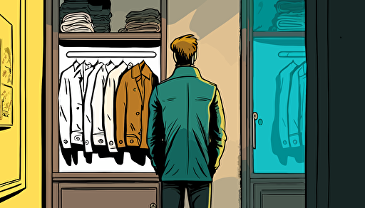 a guy is waiting curiously in front of the wardrobe of a fashion store, , illustrated, vectorized, comic style, 5 colors