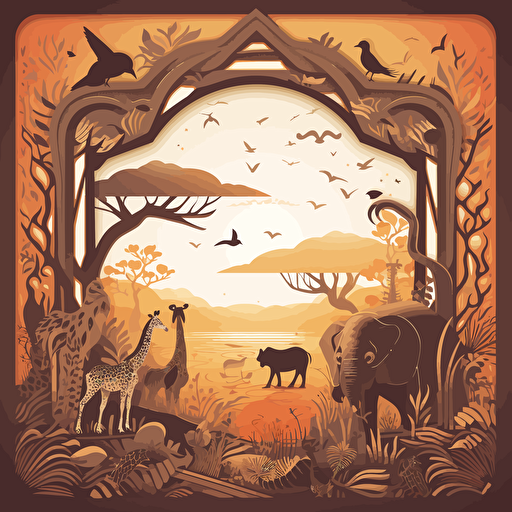 An illustration of an African landscape through a frame of African continent shape, with animals, sun, and savanah, limited color pallete, beautiful, detailed, vector, svg, shadows, highlights, inspiried by art by Andrey Prokopenko, hi res