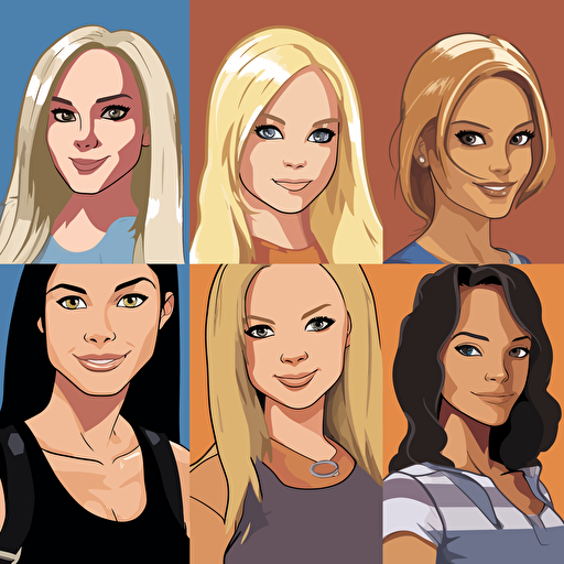 the Spice Girls, Melanie Chisholm in 1997, Geri Halliwell in 1997, Victoria Adams in 1997, Emma Bunton in 1997, Melanie Brown in 1997, 90s style, cartoon style, vector, minimalistic, v5