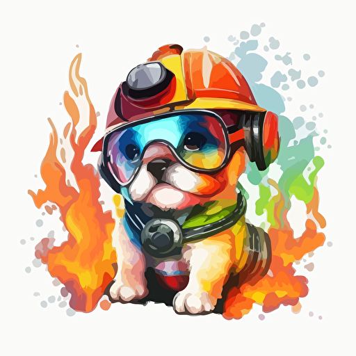 a very cute baby dog wearing very big sunglasses dressed up as a fireman, as a cartoon type, as a vector, white background, bright graffiti colors