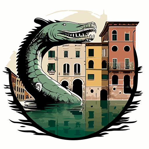 punk rock lochness monster in the canals of venice, vector logo, vector art, emblem, simple cartoon, 2d, no text, white background