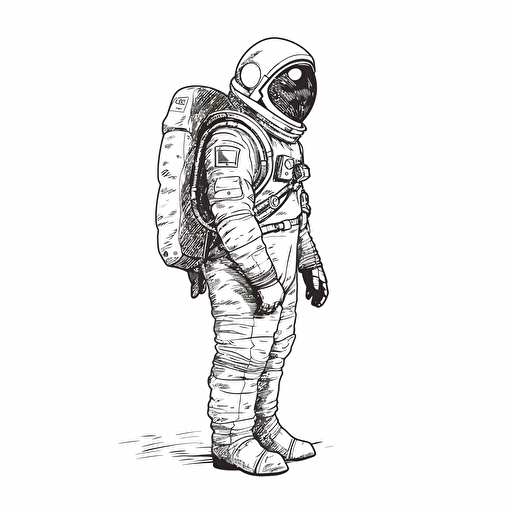 vector image of an astronaut standing looking up, black, white background, minimalist, vector, illustrator, simple, clean, small
