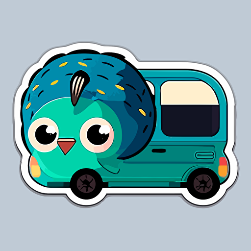kawaii pavo real montado en un carro pixar style, 2d flat design, vector, cut sticker