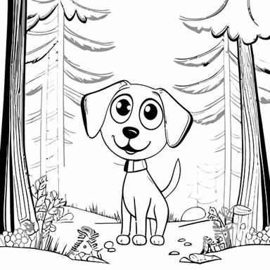 kids coloring page, cute happy dog in forest, big cute eyes, pixar style, simple outline, coloring page black and white, comic book flat vector, white background