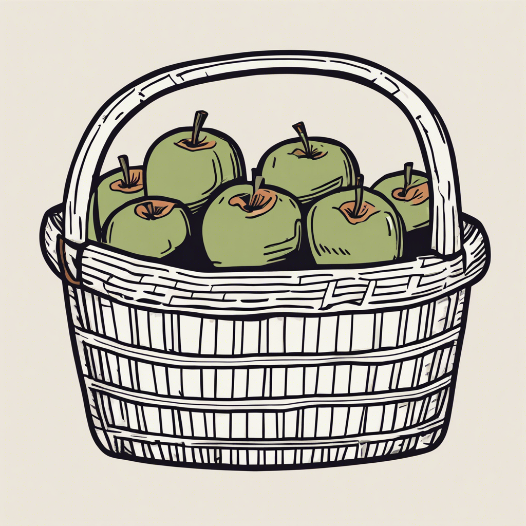 Freshly picked apples in a basket, illustration in the style of Matt Blease, illustration, flat, simple, vector