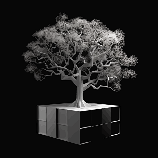 Black background hight contrasted by a white vectorise and minimal 2D style cube tree