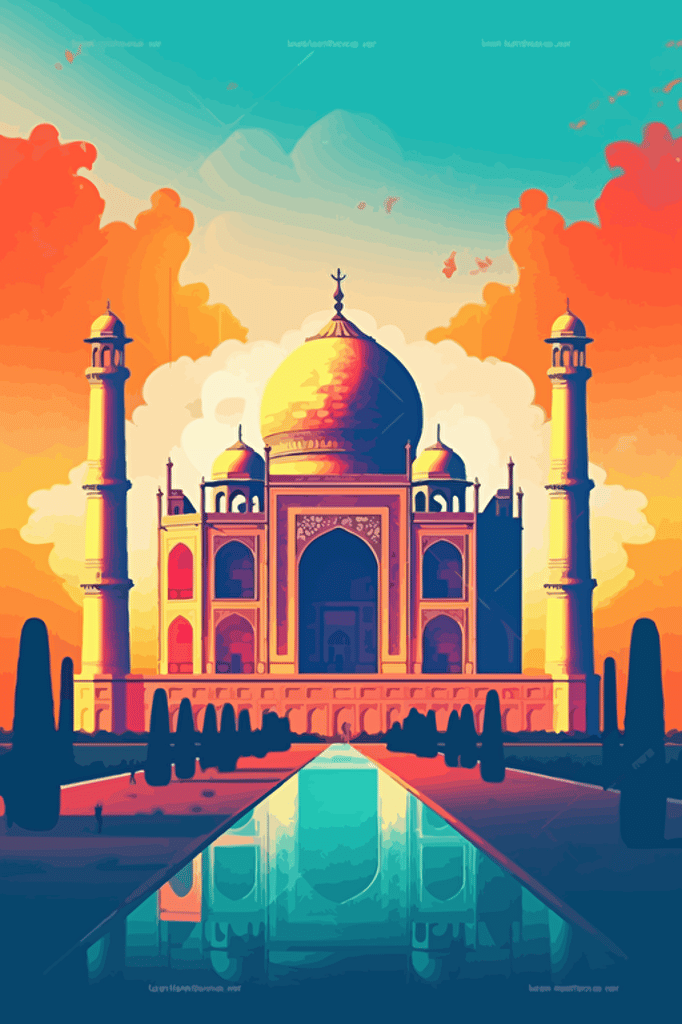 taj mahal, illustration, painting, colorful, sun in sky, front view, flat,vector