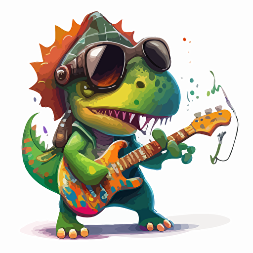 a very cute baby tyrannosaurus wearing very big sunglasses dressed up as a rockstar with a guitar, as a cartoon type, as a vector, white background, bright graffiti colors with music notes all over