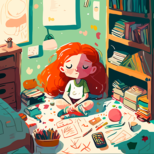 emma, a 7 year old girl with red hair and freckles sits cross-legged on her bedroom floor. She is surrounded by art materials, sketch pads and colorful pencils. Her walls are adorned with her artwork, creating a whimsical room. vector style with soft dreamy qualities