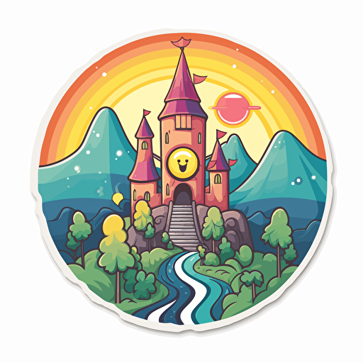 vector sticker design, happy vibes castle with a road, with sun behind castle, elf in front, elf is holding a balloon, birthday party, colorful lights, sunny day, white outline, on a badge, super crisp edges